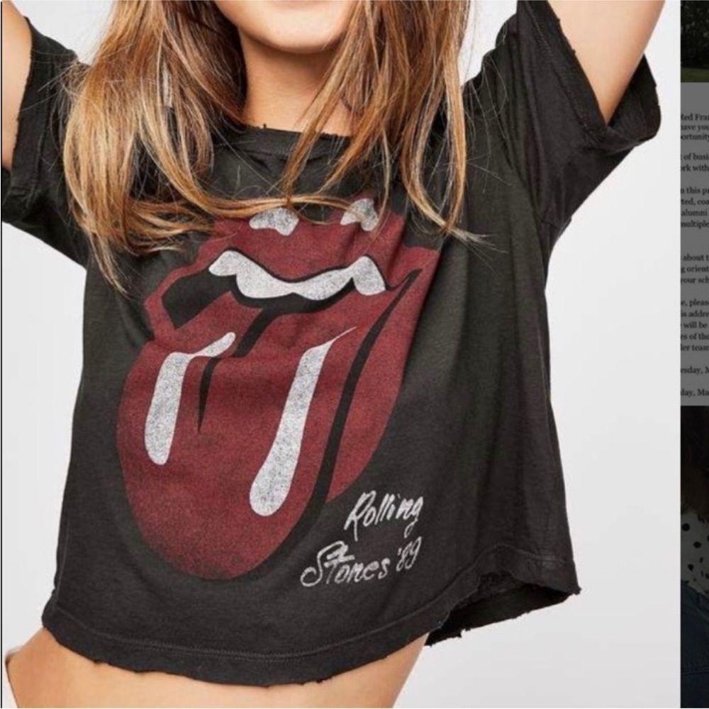 Day Dreamer x Free People Small Black Rolling Stones Graphic Crop Top Tee Boho
